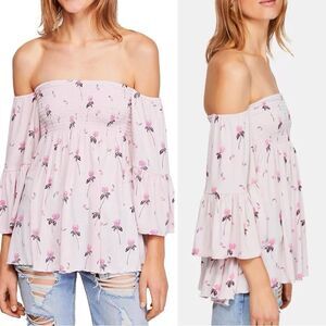 Free People Lana Cloudberry Floral Off Shoulder Babydoll Tunic Top XS Pink
